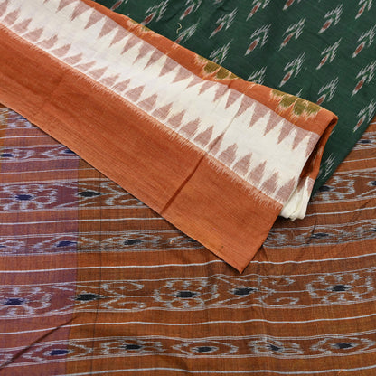 Indian Vintage Sari Rusty & Green Hand woven Sambalpuri Ikat Sarees Pure Cotton Craft Fabric 5Yd Ethnic Chackra Border Dress Making Upcycle