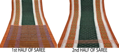 Indian Vintage Sari Rusty & Green Hand woven Sambalpuri Ikat Sarees Pure Cotton Craft Fabric 5Yd Ethnic Chackra Border Dress Making Upcycle