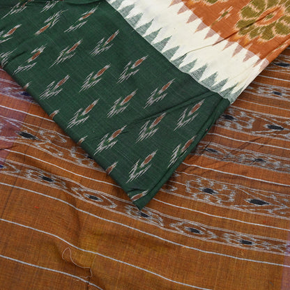Indian Vintage Sari Rusty & Green Hand woven Sambalpuri Ikat Sarees Pure Cotton Craft Fabric 5Yd Ethnic Chackra Border Dress Making Upcycle
