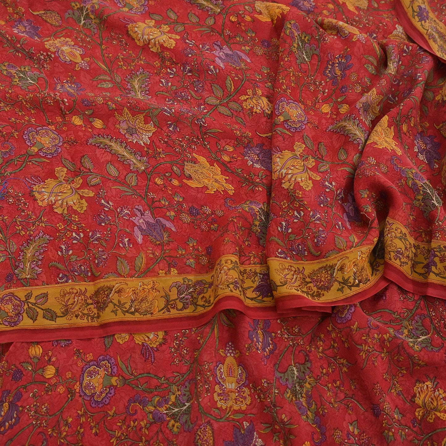 Women Vintage Sari Red Pure Georgette Silk Digital Printed Saree Craft Fabric Sewing 5Yd Light Dress Making Floral Crafting Quilting
