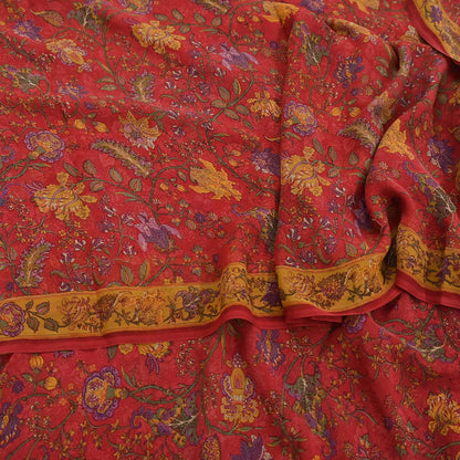 Women Vintage Sari Red Pure Georgette Silk Digital Printed Saree Craft Fabric Sewing 5Yd Light Dress Making Floral Crafting Quilting