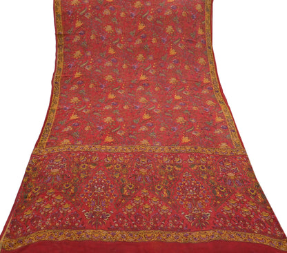 Women Vintage Sari Red Pure Georgette Silk Digital Printed Saree Craft Fabric Sewing 5Yd Light Dress Making Floral Crafting Quilting