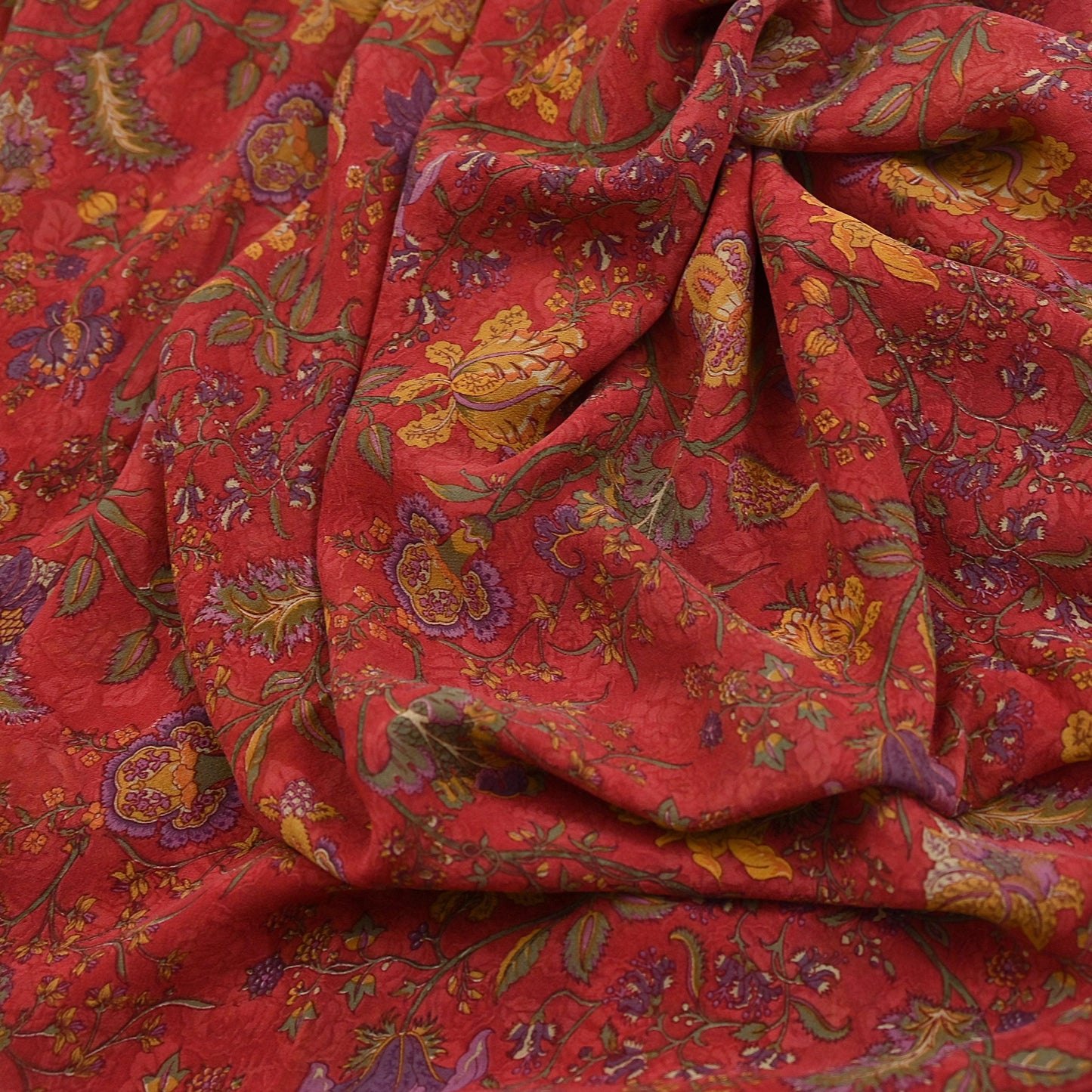 Women Vintage Sari Red Pure Georgette Silk Digital Printed Saree Craft Fabric Sewing 5Yd Light Dress Making Floral Crafting Quilting