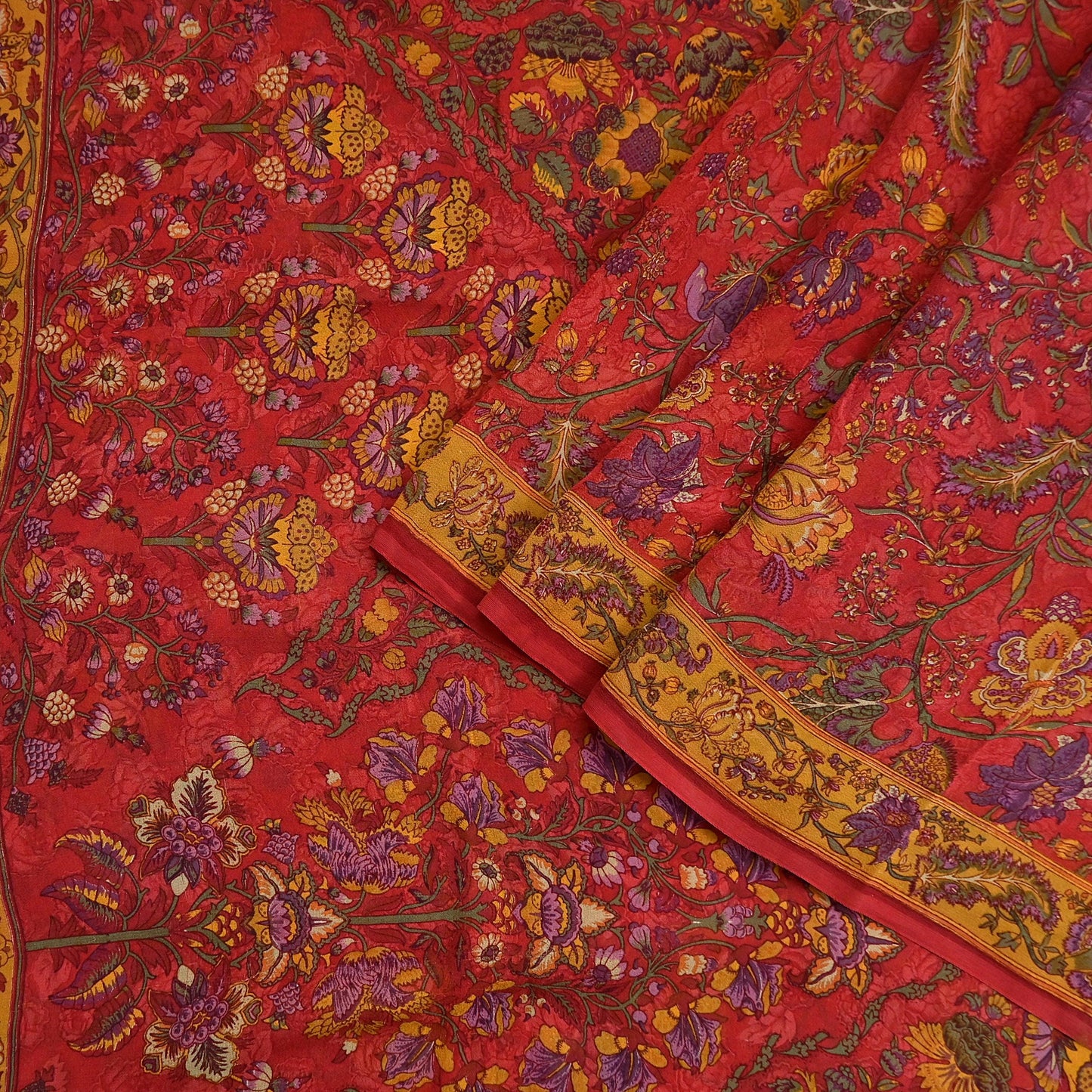 Women Vintage Sari Red Pure Georgette Silk Digital Printed Saree Craft Fabric Sewing 5Yd Light Dress Making Floral Crafting Quilting