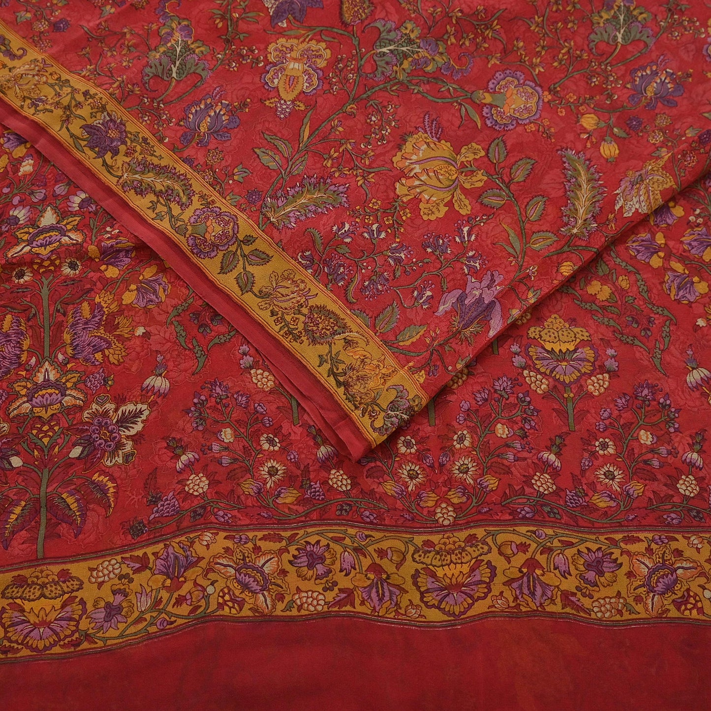 Women Vintage Sari Red Pure Georgette Silk Digital Printed Saree Craft Fabric Sewing 5Yd Light Dress Making Floral Crafting Quilting