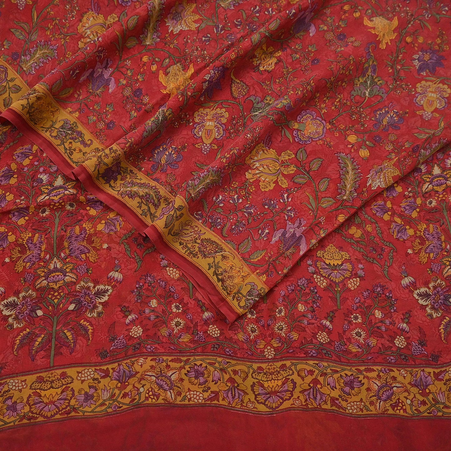 Women Vintage Sari Red Pure Georgette Silk Digital Printed Saree Craft Fabric Sewing 5Yd Light Dress Making Floral Crafting Quilting