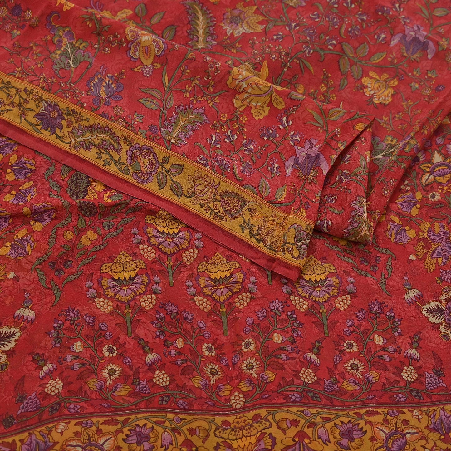 Women Vintage Sari Red Pure Georgette Silk Digital Printed Saree Craft Fabric Sewing 5Yd Light Dress Making Floral Crafting Quilting