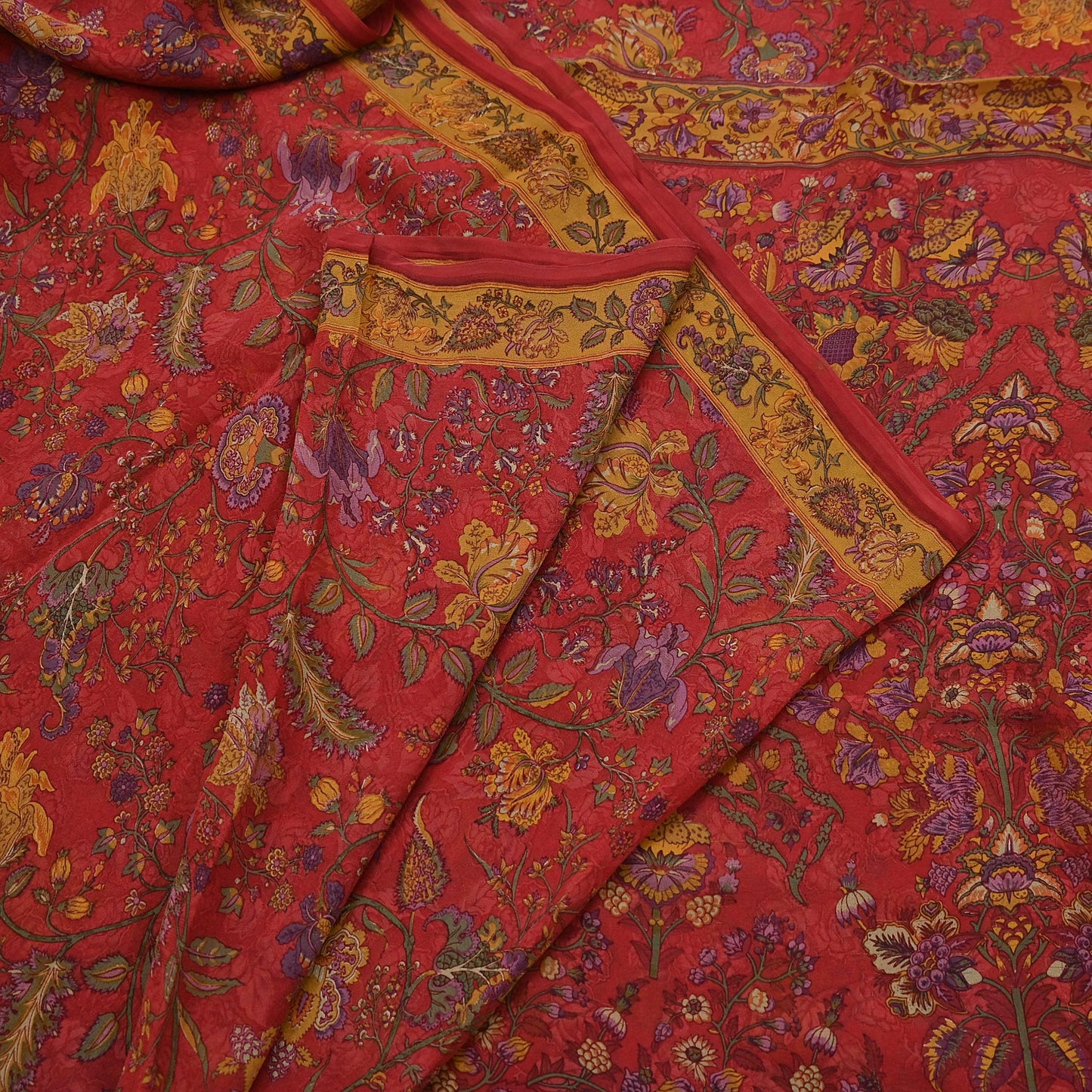 Women Vintage Sari Red Pure Georgette Silk Digital Printed Saree Craft Fabric Sewing 5Yd Light Dress Making Floral Crafting Quilting