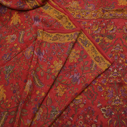 Women Vintage Sari Red Pure Georgette Silk Digital Printed Saree Craft Fabric Sewing 5Yd Light Dress Making Floral Crafting Quilting