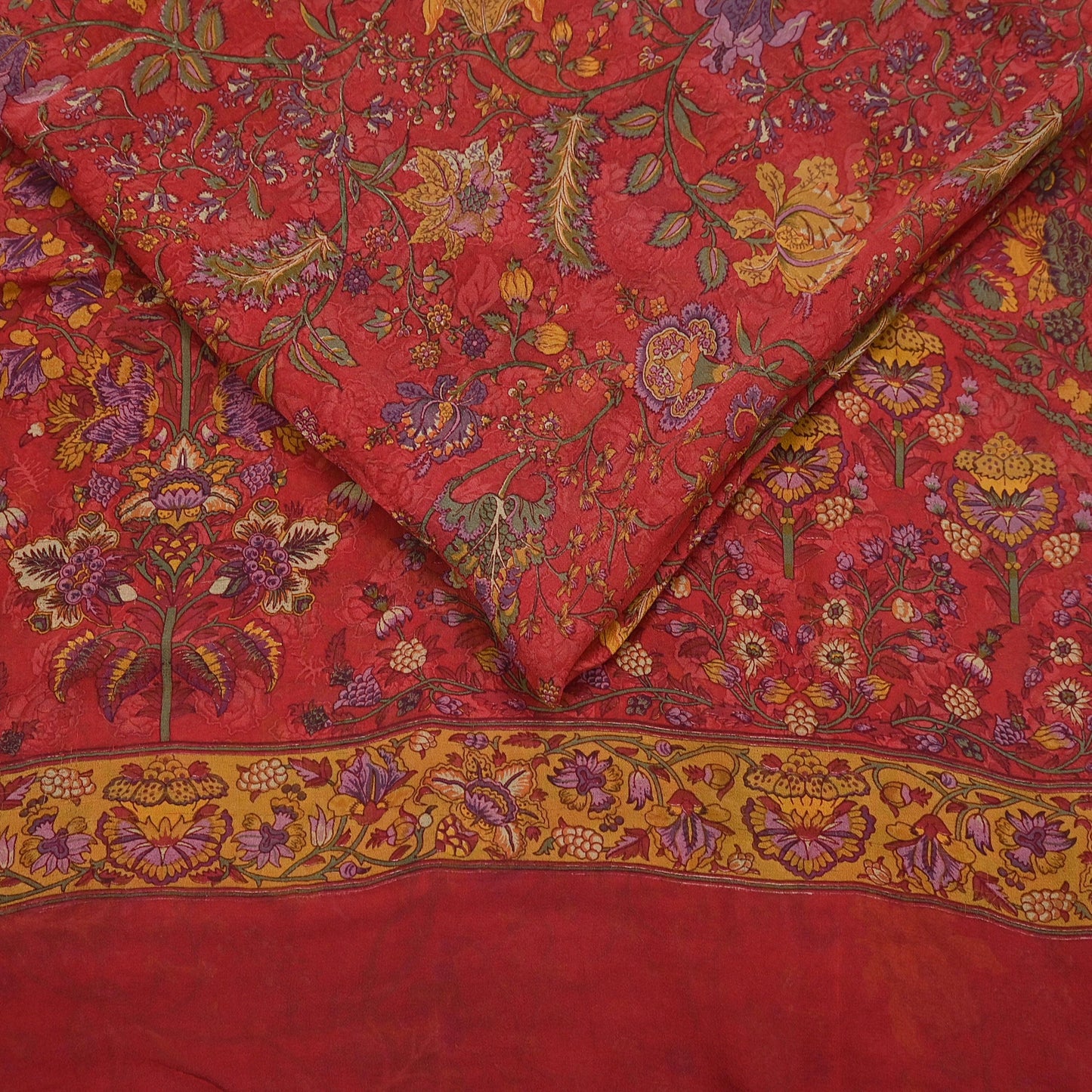 Women Vintage Sari Red Pure Georgette Silk Digital Printed Saree Craft Fabric Sewing 5Yd Light Dress Making Floral Crafting Quilting