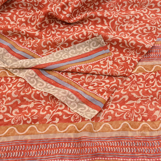 Indian Vintage Saree Orange Pure Georgette Silk Printed Sari Sewing 5yd Craft Fabric Soft Dress Designing for Crafting Quilting