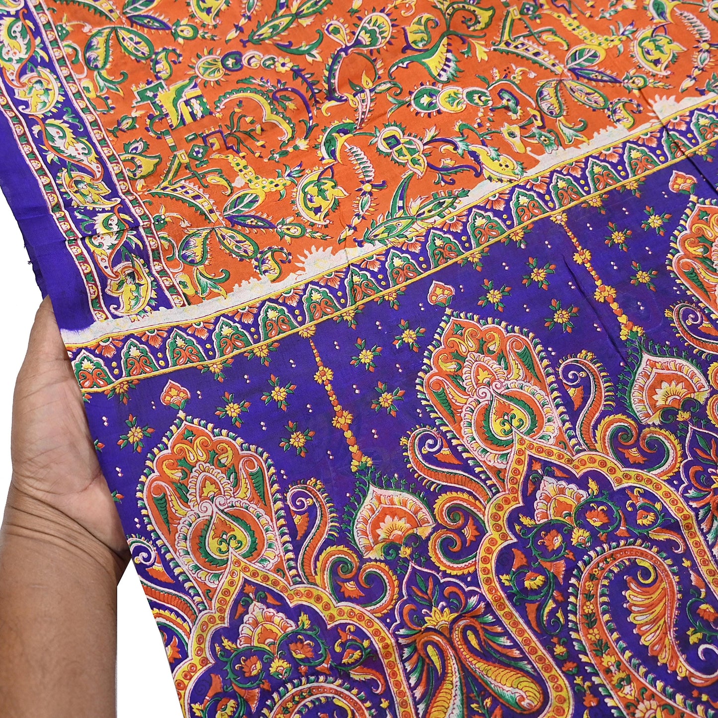 Indian Vintage Sari Orange & Blue 100% Pure Silk Printed Sarees 5yd Sewing Floral Soft Craft Fabric Dress Making Crafting Quilting Upcycle
