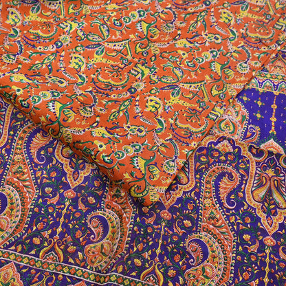 Indian Vintage Sari Orange & Blue 100% Pure Silk Printed Sarees 5yd Sewing Floral Soft Craft Fabric Dress Making Crafting Quilting Upcycle