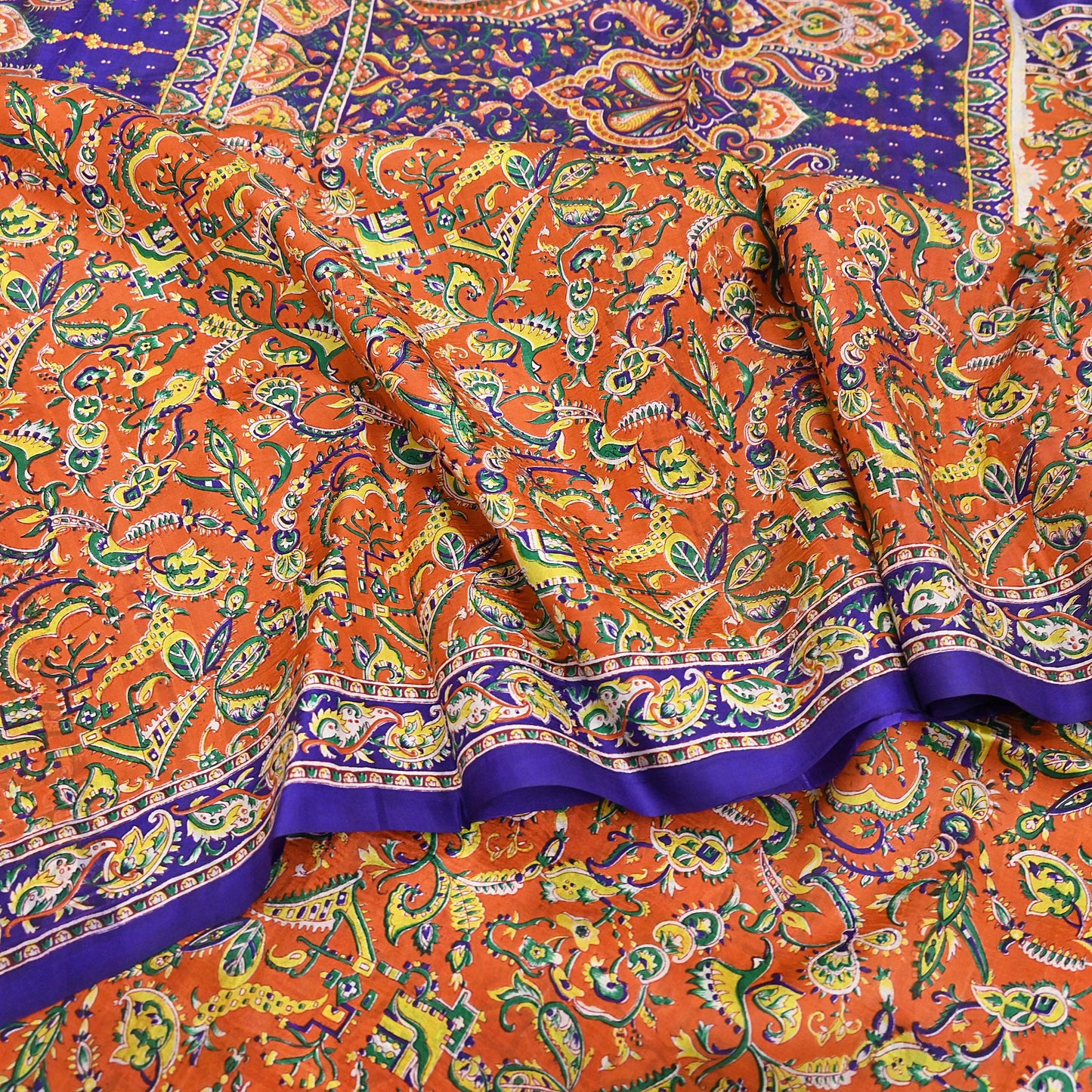 Indian Vintage Sari Orange & Blue 100% Pure Silk Printed Sarees 5yd Sewing Floral Soft Craft Fabric Dress Making Crafting Quilting Upcycle