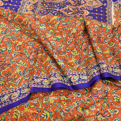 Indian Vintage Sari Orange & Blue 100% Pure Silk Printed Sarees 5yd Sewing Floral Soft Craft Fabric Dress Making Crafting Quilting Upcycle