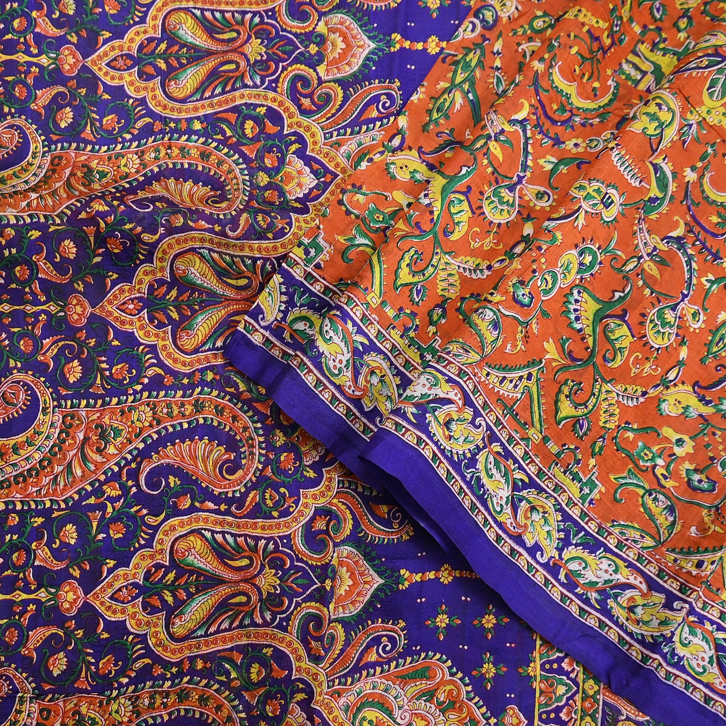 Indian Vintage Sari Orange & Blue 100% Pure Silk Printed Sarees 5yd Sewing Floral Soft Craft Fabric Dress Making Crafting Quilting Upcycle