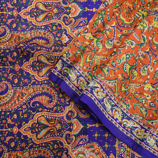 Indian Vintage Sari Orange & Blue 100% Pure Silk Printed Sarees 5yd Sewing Floral Soft Craft Fabric Dress Making Crafting Quilting Upcycle
