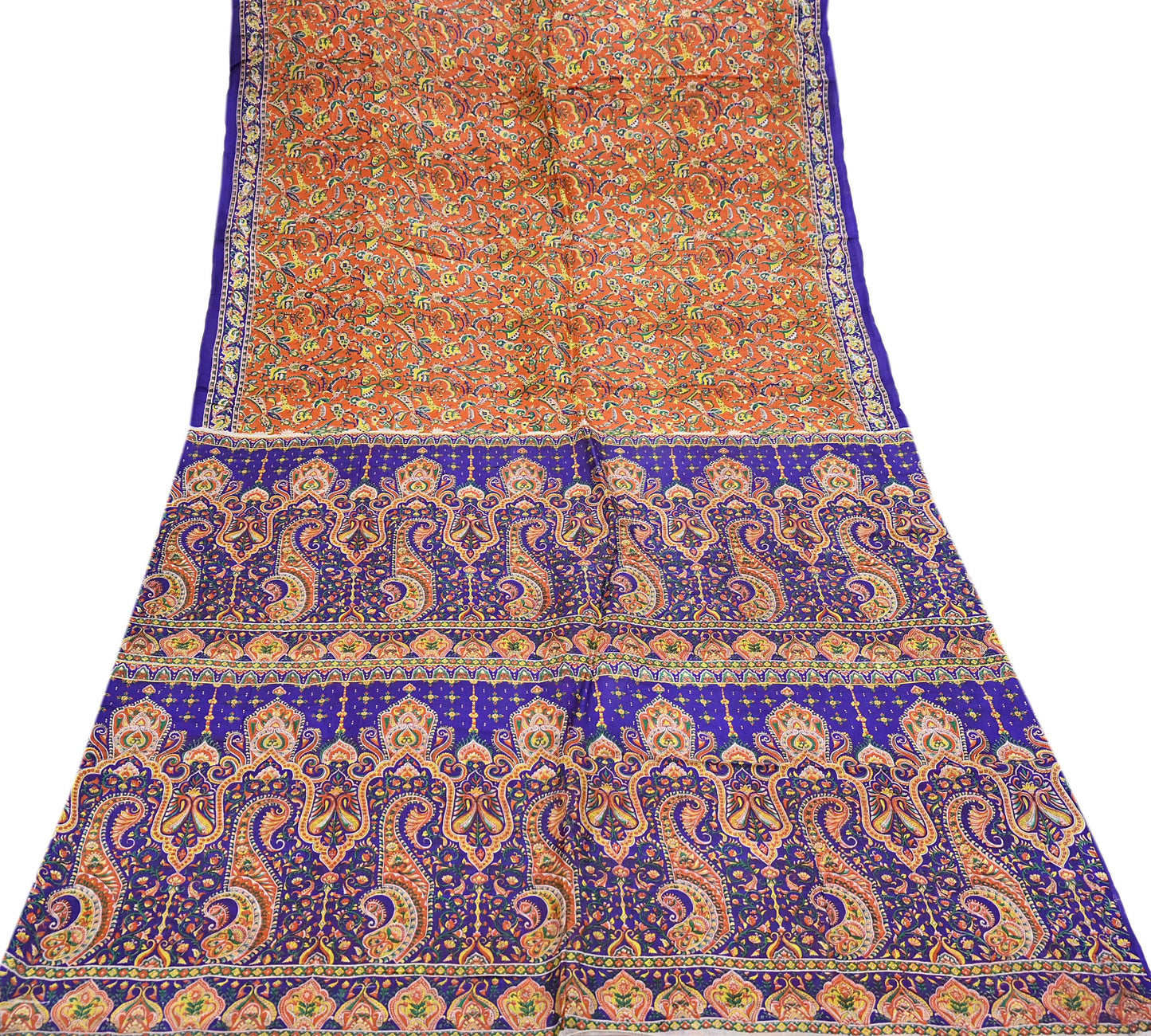 Indian Vintage Sari Orange & Blue 100% Pure Silk Printed Sarees 5yd Sewing Floral Soft Craft Fabric Dress Making Crafting Quilting Upcycle
