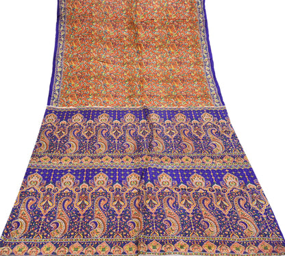 Indian Vintage Sari Orange & Blue 100% Pure Silk Printed Sarees 5yd Sewing Floral Soft Craft Fabric Dress Making Crafting Quilting Upcycle