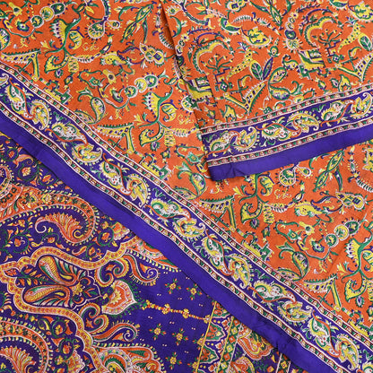 Indian Vintage Sari Orange & Blue 100% Pure Silk Printed Sarees 5yd Sewing Floral Soft Craft Fabric Dress Making Crafting Quilting Upcycle