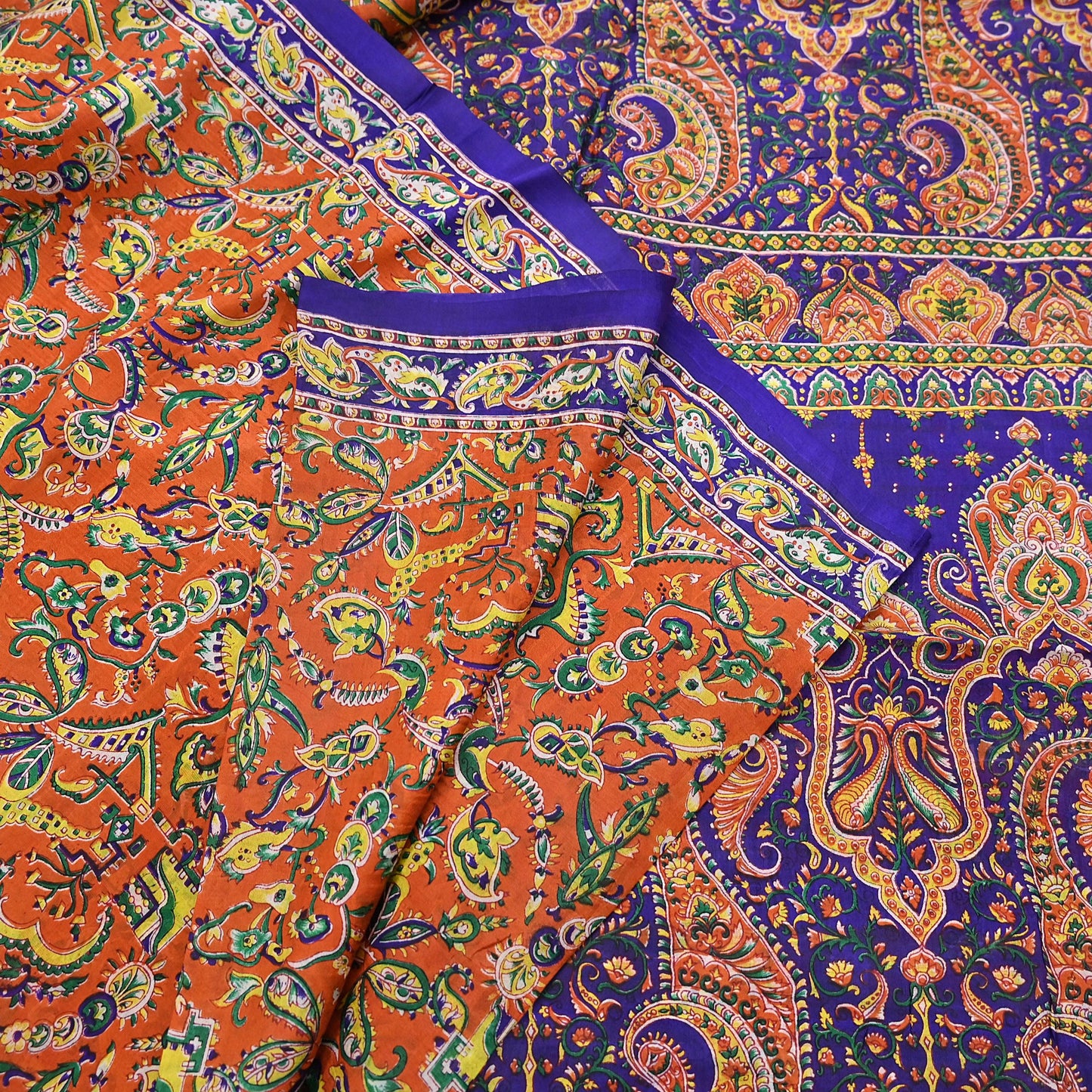 Indian Vintage Sari Orange & Blue 100% Pure Silk Printed Sarees 5yd Sewing Floral Soft Craft Fabric Dress Making Crafting Quilting Upcycle