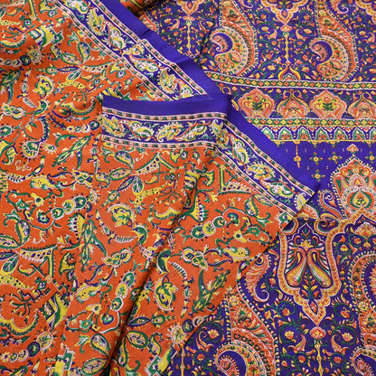 Indian Vintage Sari Orange & Blue 100% Pure Silk Printed Sarees 5yd Sewing Floral Soft Craft Fabric Dress Making Crafting Quilting Upcycle