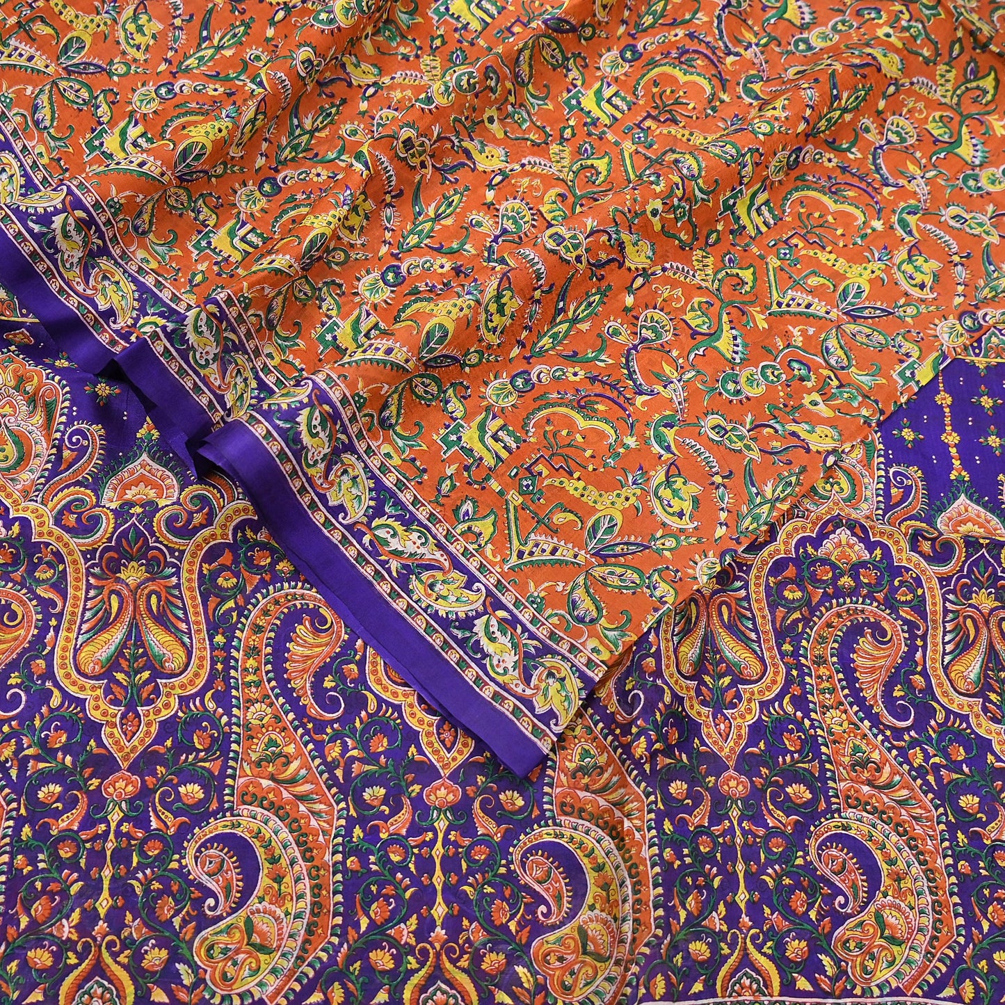 Indian Vintage Sari Orange & Blue 100% Pure Silk Printed Sarees 5yd Sewing Floral Soft Craft Fabric Dress Making Crafting Quilting Upcycle