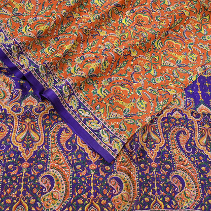 Indian Vintage Sari Orange & Blue 100% Pure Silk Printed Sarees 5yd Sewing Floral Soft Craft Fabric Dress Making Crafting Quilting Upcycle