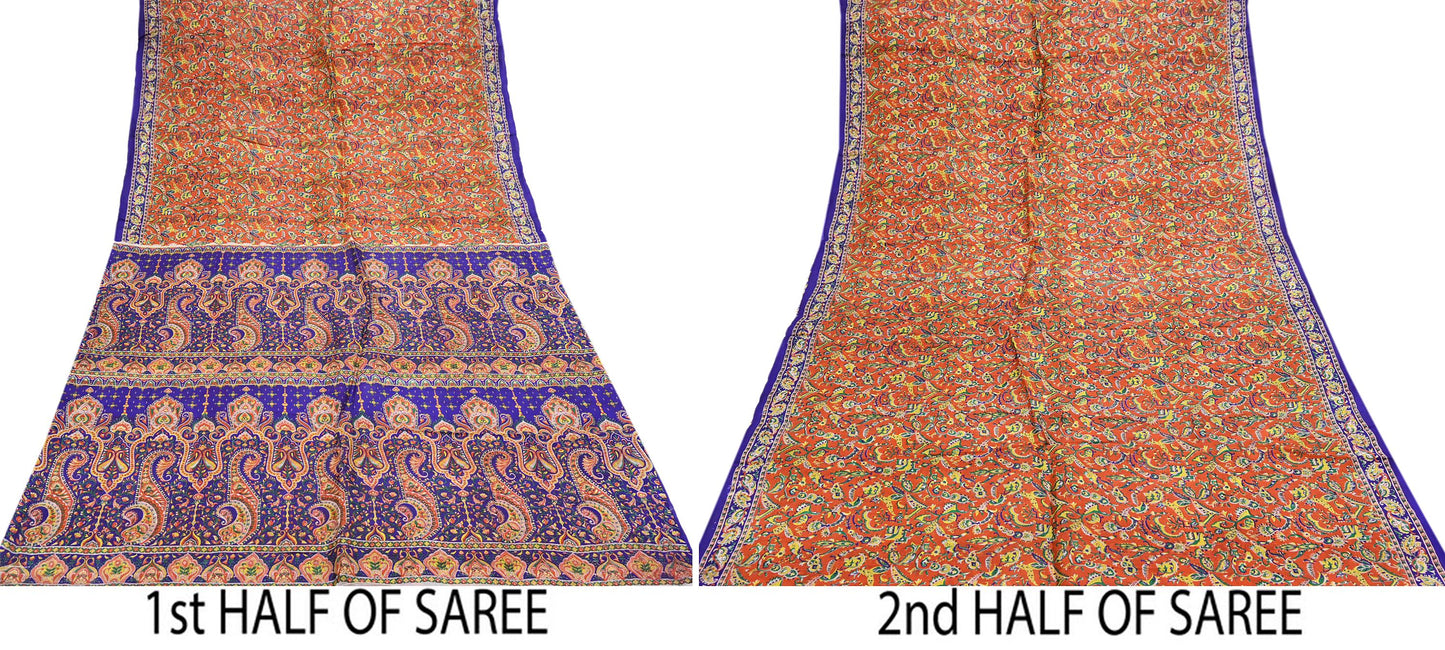 Indian Vintage Sari Orange & Blue 100% Pure Silk Printed Sarees 5yd Sewing Floral Soft Craft Fabric Dress Making Crafting Quilting Upcycle