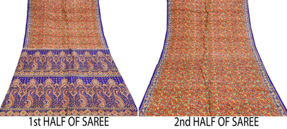 Indian Vintage Sari Orange & Blue 100% Pure Silk Printed Sarees 5yd Sewing Floral Soft Craft Fabric Dress Making Crafting Quilting Upcycle