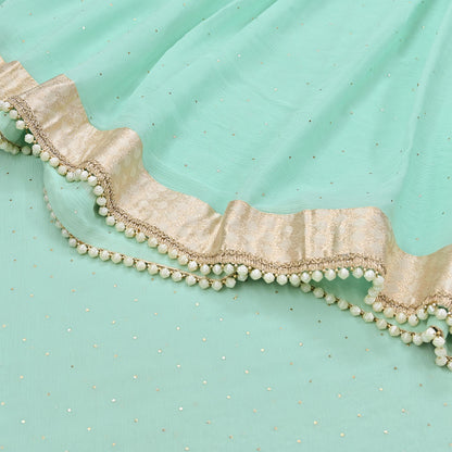 Rare Vintage Sea Green Pure Chiffon Silk Saree Hand Embroidered Mukesh Fabric 6 Yards Sari Bollywood Party Wear Ethnic With Blouse Fabric