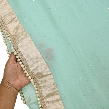 Rare Vintage Sea Green Pure Chiffon Silk Saree Hand Embroidered Mukesh Fabric 6 Yards Sari Bollywood Party Wear Ethnic With Blouse Fabric