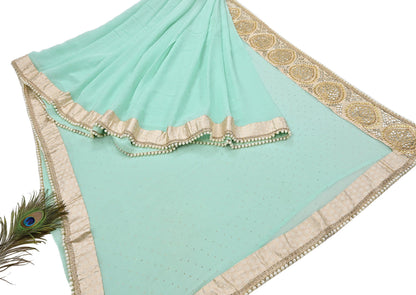 Rare Vintage Sea Green Pure Chiffon Silk Saree Hand Embroidered Mukesh Fabric 6 Yards Sari Bollywood Party Wear Ethnic With Blouse Fabric