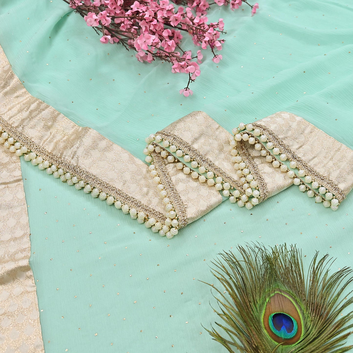 Rare Vintage Sea Green Pure Chiffon Silk Saree Hand Embroidered Mukesh Fabric 6 Yards Sari Bollywood Party Wear Ethnic With Blouse Fabric
