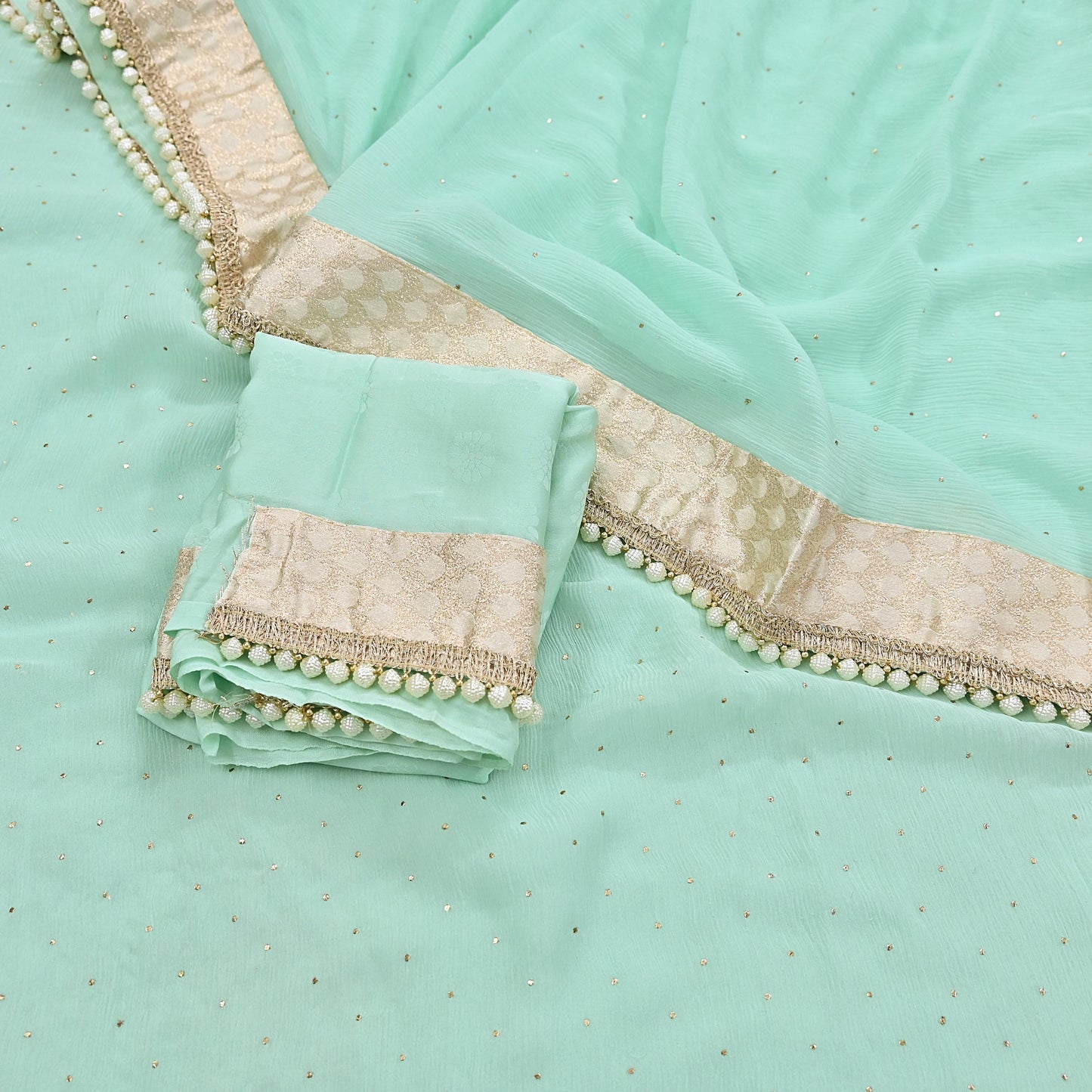 Rare Vintage Sea Green Pure Chiffon Silk Saree Hand Embroidered Mukesh Fabric 6 Yards Sari Bollywood Party Wear Ethnic With Blouse Fabric