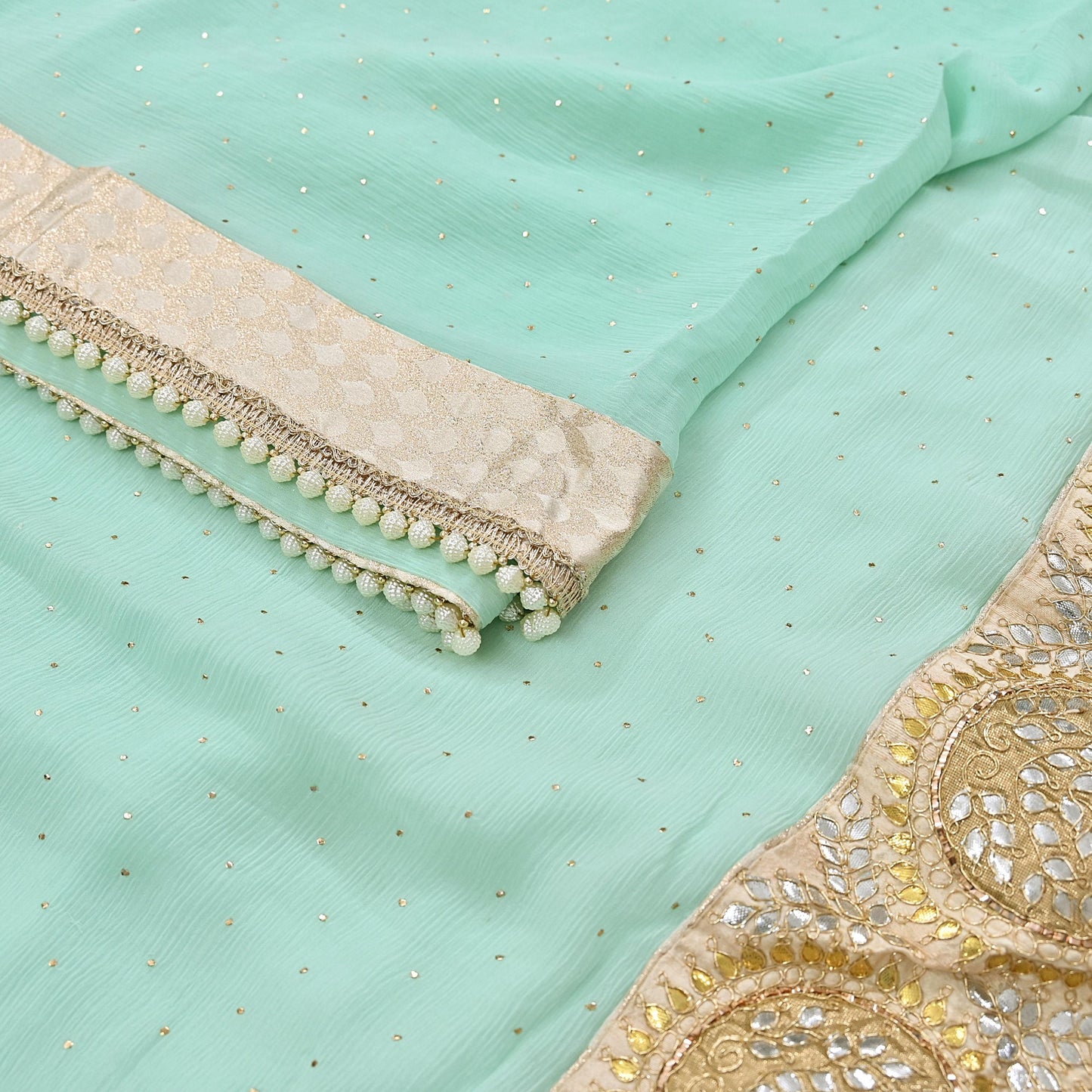 Rare Vintage Sea Green Pure Chiffon Silk Saree Hand Embroidered Mukesh Fabric 6 Yards Sari Bollywood Party Wear Ethnic With Blouse Fabric