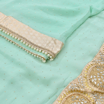 Rare Vintage Sea Green Pure Chiffon Silk Saree Hand Embroidered Mukesh Fabric 6 Yards Sari Bollywood Party Wear Ethnic With Blouse Fabric