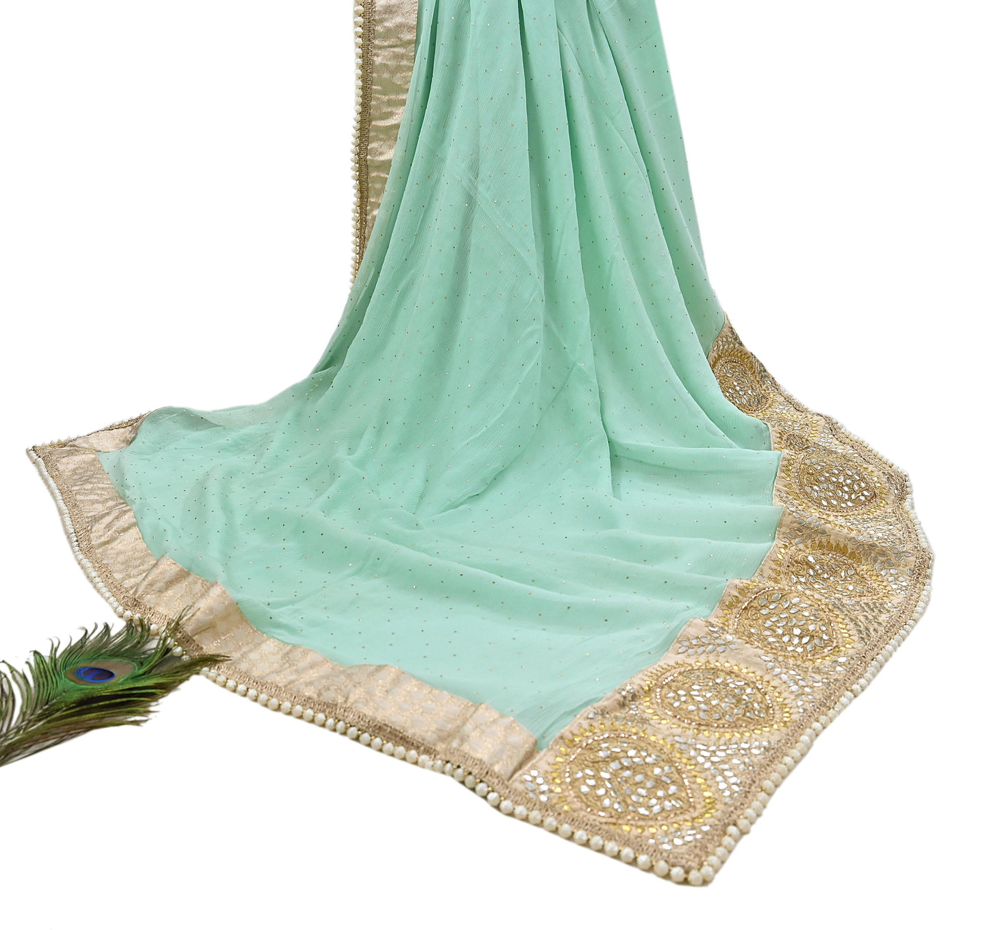 Rare Vintage Sea Green Pure Chiffon Silk Saree Hand Embroidered Mukesh Fabric 6 Yards Sari Bollywood Party Wear Ethnic With Blouse Fabric