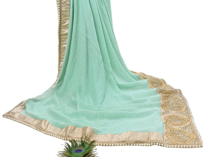 Rare Vintage Sea Green Pure Chiffon Silk Saree Hand Embroidered Mukesh Fabric 6 Yards Sari Bollywood Party Wear Ethnic With Blouse Fabric