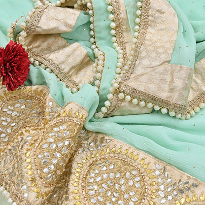 Rare Vintage Sea Green Pure Chiffon Silk Saree Hand Embroidered Mukesh Fabric 6 Yards Sari Bollywood Party Wear Ethnic With Blouse Fabric