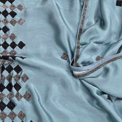 Rare Vintage Pure Satin Silk Saree Hand Embroidered Fabric 5 Yards Sari Bollywood Party Wear Ethnic Designer Saree