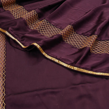 Rare Vintage Purple Pure Satin Silk Saree Hand Embroidered Fabric 5.5 Yards Sari Bollywood Party Wear Ethnic Designer Saree