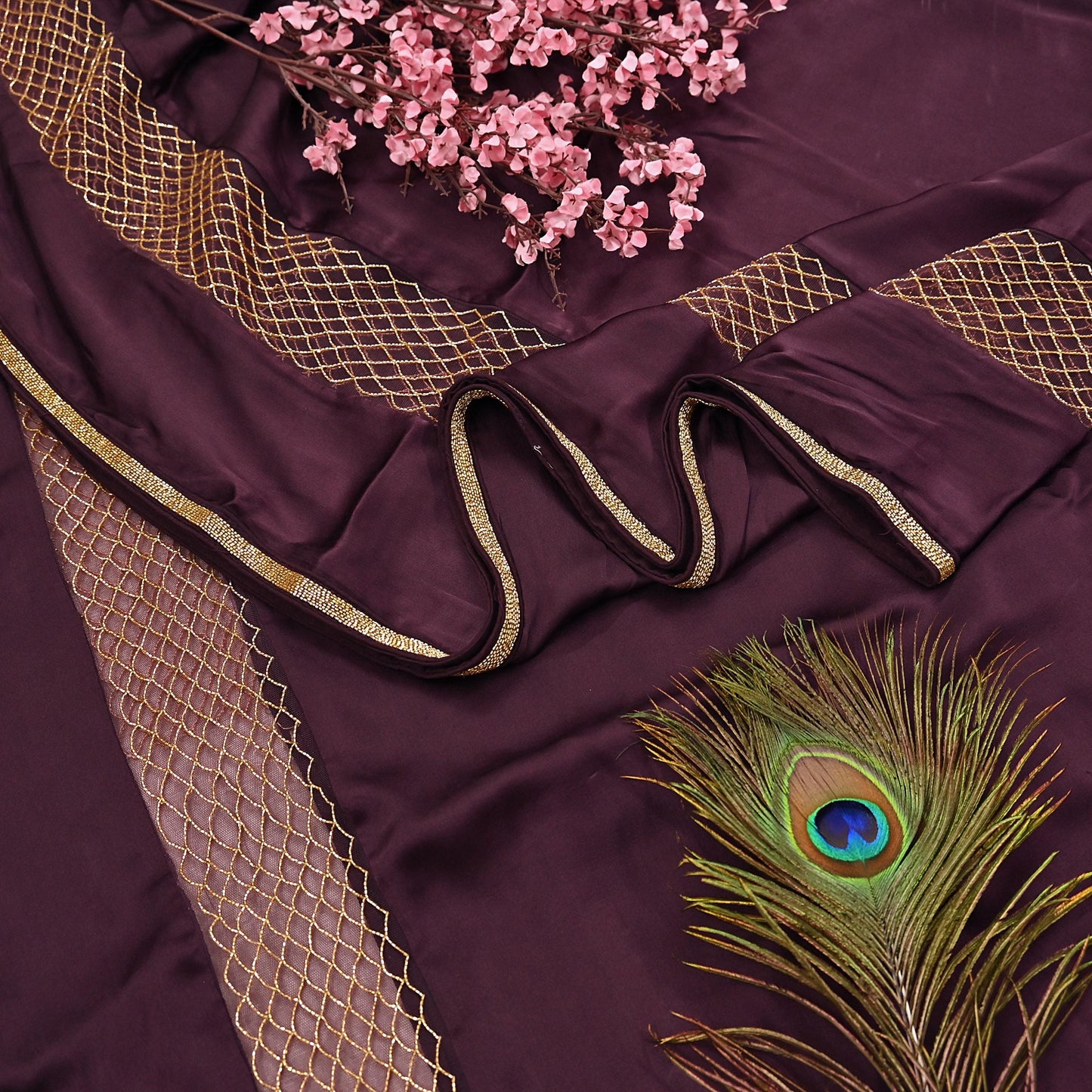 Rare Vintage Purple Pure Satin Silk Saree Hand Embroidered Fabric 5.5 Yards Sari Bollywood Party Wear Ethnic Designer Saree