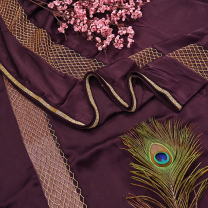 Rare Vintage Purple Pure Satin Silk Saree Hand Embroidered Fabric 5.5 Yards Sari Bollywood Party Wear Ethnic Designer Saree