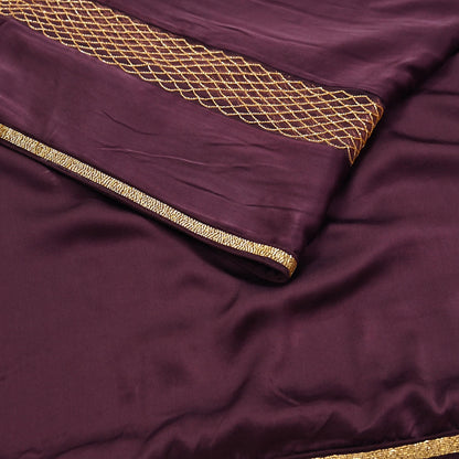 Rare Vintage Purple Pure Satin Silk Saree Hand Embroidered Fabric 5.5 Yards Sari Bollywood Party Wear Ethnic Designer Saree