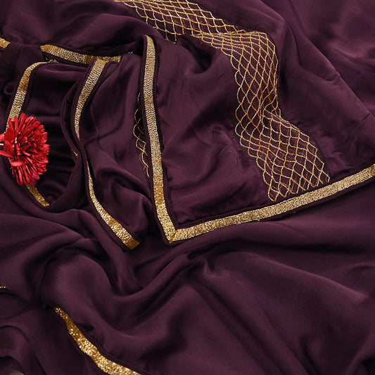 Rare Vintage Purple Pure Satin Silk Saree Hand Embroidered Fabric 5.5 Yards Sari Bollywood Party Wear Ethnic Designer Saree