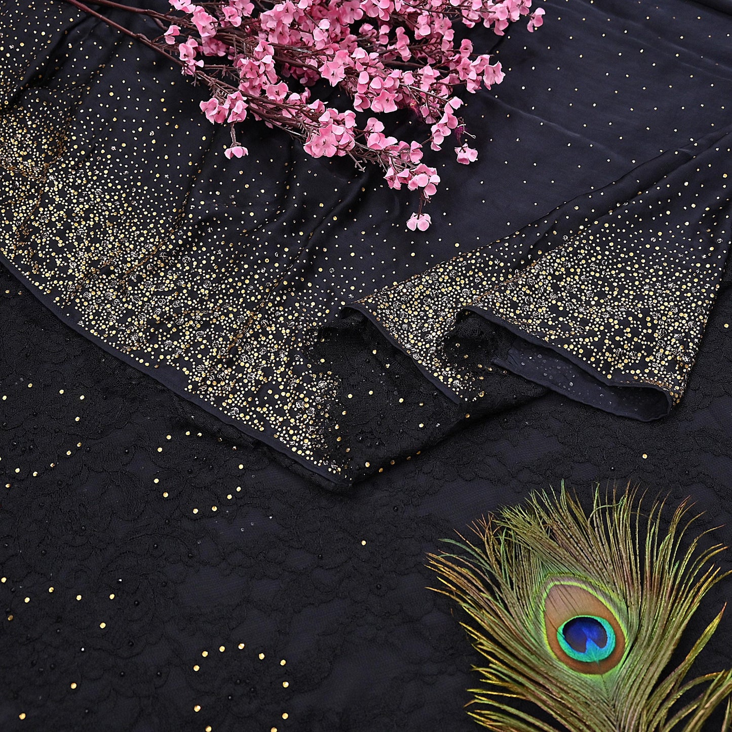 Rare Vintage Black  Net Pure Satin Silk Saree Hand Embroidered Fabric 5 Yards Sari Bollywood Party Wear Ethnic Designer Saree