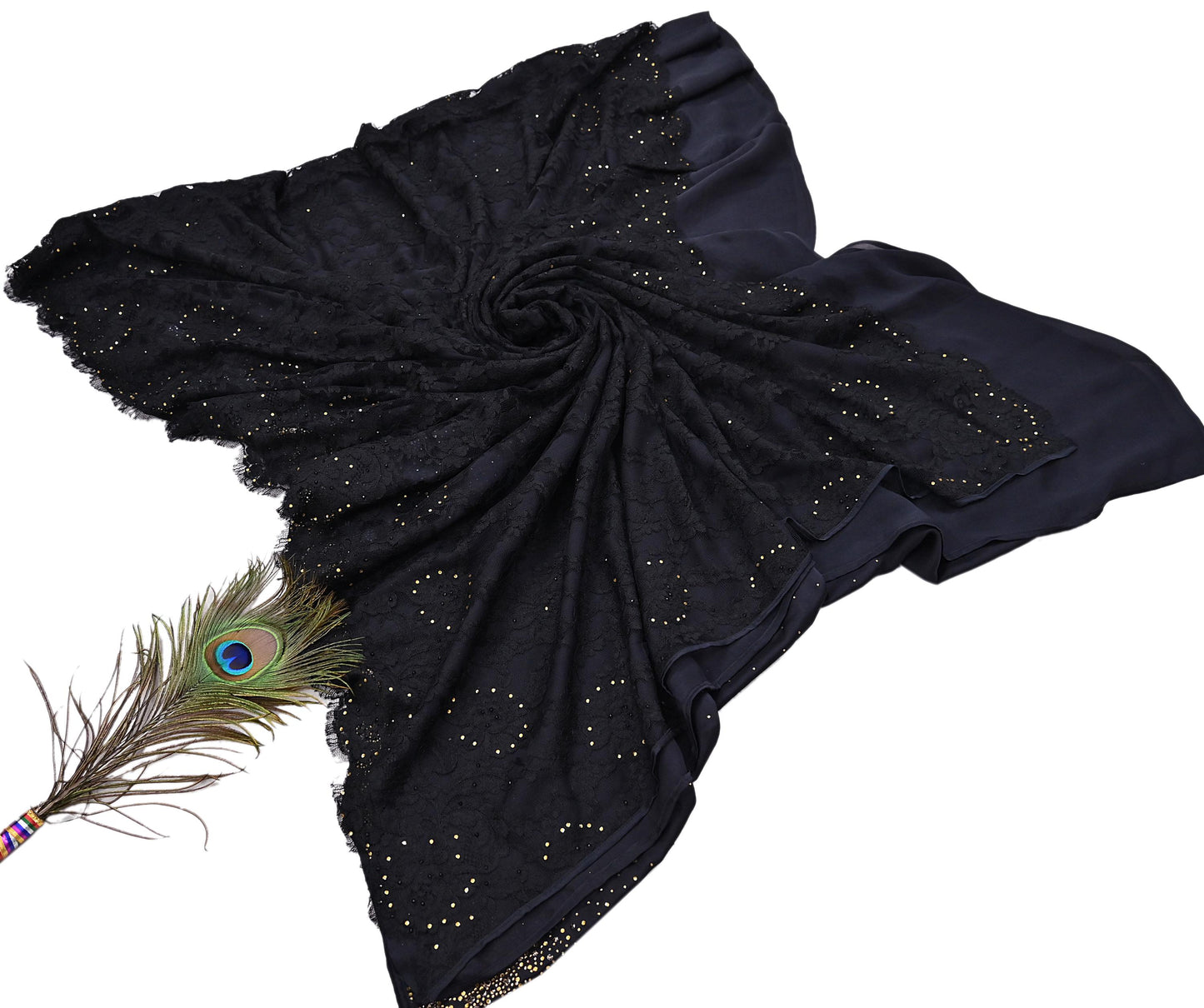 Rare Vintage Black  Net Pure Satin Silk Saree Hand Embroidered Fabric 5 Yards Sari Bollywood Party Wear Ethnic Designer Saree