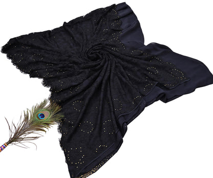 Rare Vintage Black  Net Pure Satin Silk Saree Hand Embroidered Fabric 5 Yards Sari Bollywood Party Wear Ethnic Designer Saree