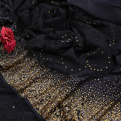Rare Vintage Black  Net Pure Satin Silk Saree Hand Embroidered Fabric 5 Yards Sari Bollywood Party Wear Ethnic Designer Saree